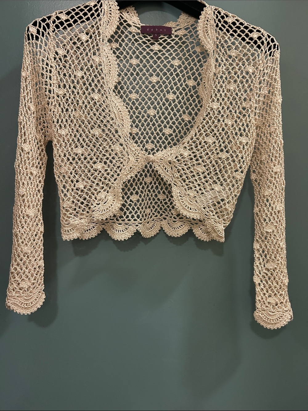 DEBUT gold crochet openwork shrug cardigan Size Small NEW NO TAG - Picture 2 of 16